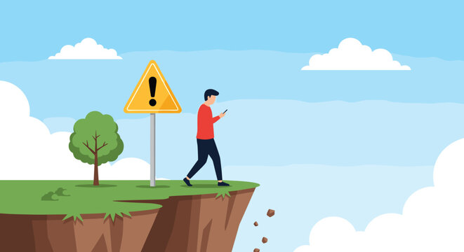 Young man walking towards the edge of a dangerous cliff while being distracted by his smartphone despite a yellow warning sign nearby.