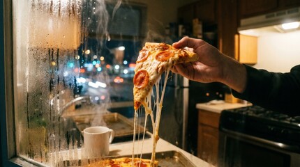 Obraz premium Melted Cheese Stretching from Pizza Through Fogged Kitchen Window