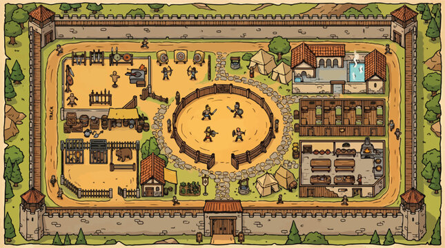 Medieval fantasy training camp vector map, hand-drawn fortress barracks with arena, historical military outpost illustration for gaming