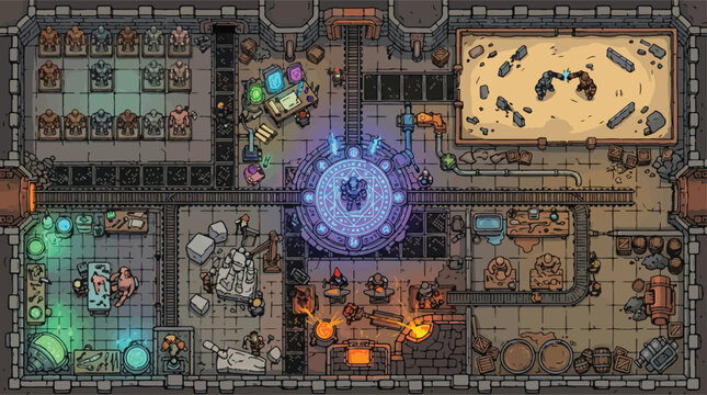 Pixel art fantasy dungeon map, top-down RPG game level design, medieval castle interior with magic portal and laboratory rooms