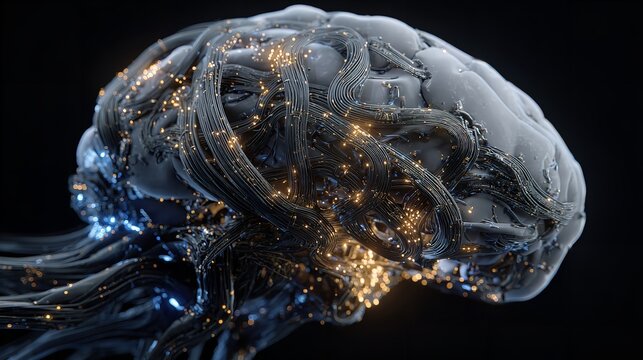 A 3D glass cube reveals a macro pattern of a human brain in the dark, frozen like a cold blue ice crystal with the texture of stone