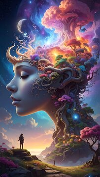 A surreal illustration of a human head morphing into a tree