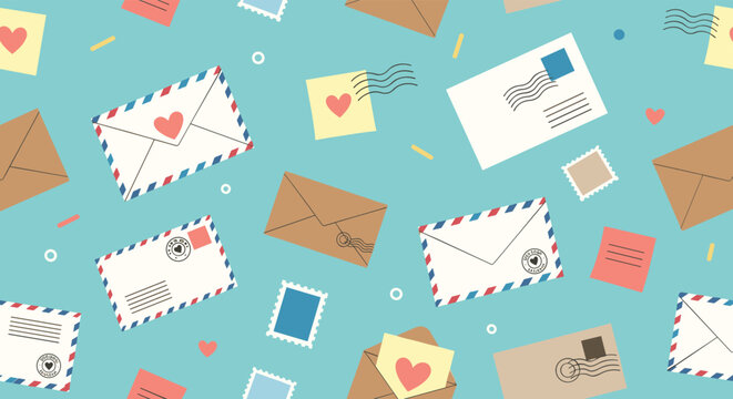 Seamless background pattern of romantic envelopes, postage stamps, and love letters decorated with heart symbols on a light blue field.