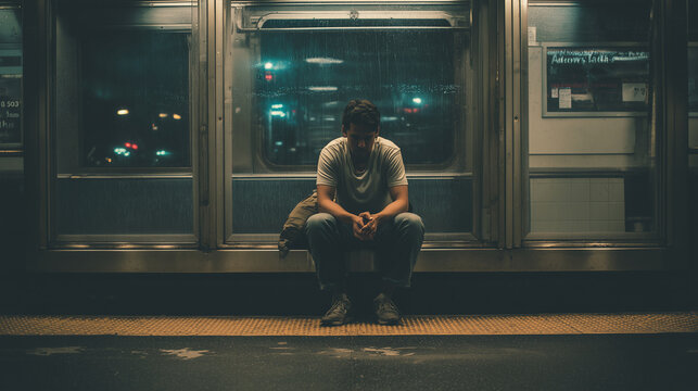 Exhausted man sitting alone in late-night subway with tired expression ,stressful life, lonely worker, rainy city life, photo style