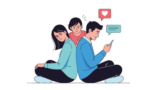 Man using his phone while two women look at him with expressions of jealousy, suspicion, and anger in a triangle drama.