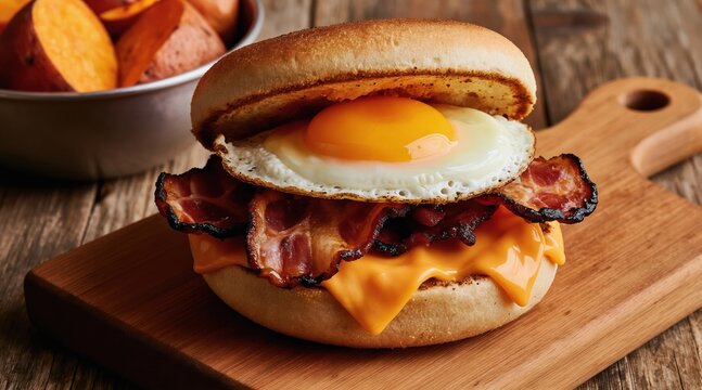 Crispy bacon fried egg and melted cheese fill toasted english muffin. Served on wooden board with sweet potato wedges. Delicious hearty breakfast sandwich.