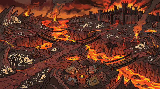 Fantasy hell landscape vector, underworld lava world with dark castle and animal skeletons, volcanic demon realm for game background design