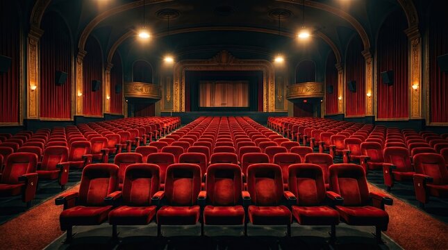 A grand, vintage movie theater with rows of plush red seats facing a large, ornate stage and screen, illuminated by warm ceiling lights.
