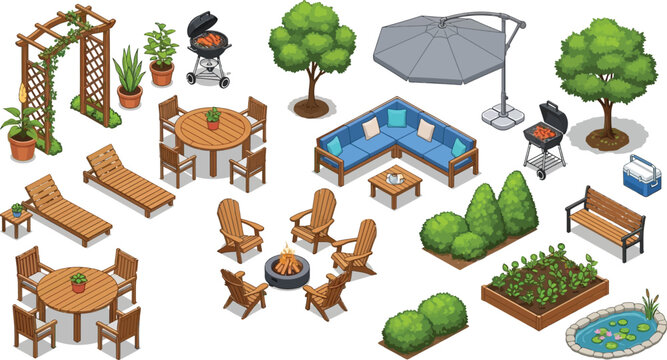 Isometric garden furniture set with wooden tables chairs barbecue grills fire pit and outdoor landscaping elements for backyard design vector illustration