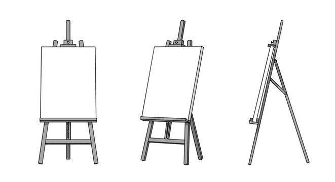 Wooden artist easel shown from three different perspectives with a blank white canvas ready for a new masterpiece.
