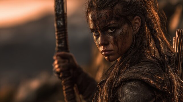 Fantasy wallpaper. A closeup portrait of a warrior, captured in a dramatic and intense pose. The warriors face is covered in dark, smudged paint, contrasting with the warm.