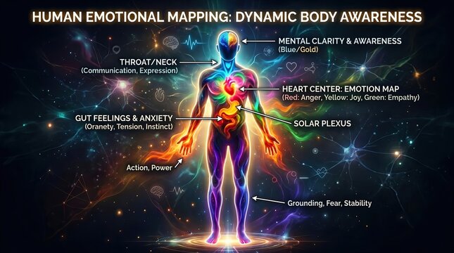 A vibrant human emotional map highlighting body awareness, linking emotions and physical centers with color-coded feelings and mental clarity.
