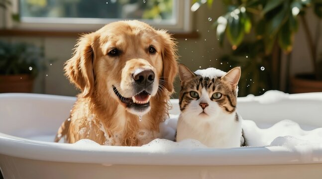 Golden retriever dog and tabby cat sit in bathtub with soap bubbles. Pets enjoy bath time with suds and water. Animals look happy clean and refreshed in sunlight.