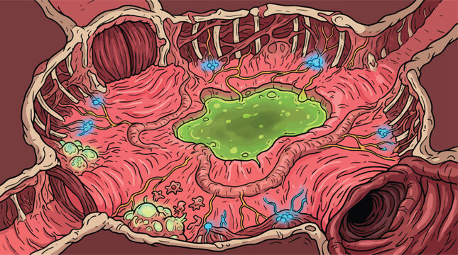 Fleshy organic dungeon background with acid pool, grotesque biological cave interior vector, dark fantasy monster stomach environment for gaming