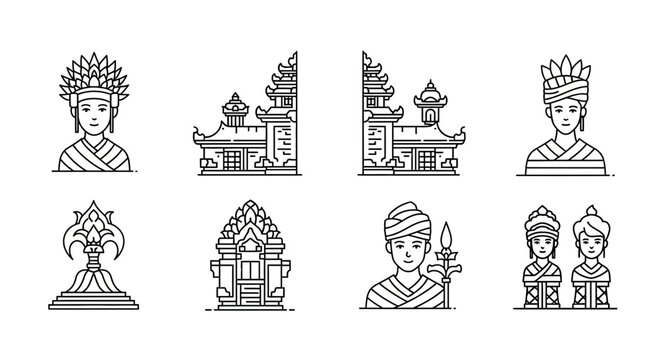 Balinese Culture and Architecture Line Icon Set