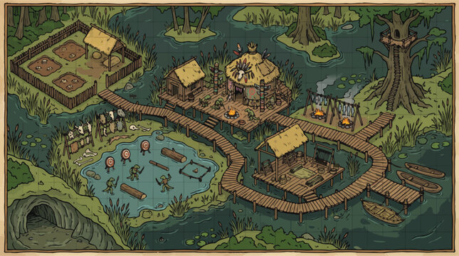 Fantasy swamp village map vector, isometric medieval marsh settlement with wooden huts and docks, hand-drawn tabletop rpg game environment illustration