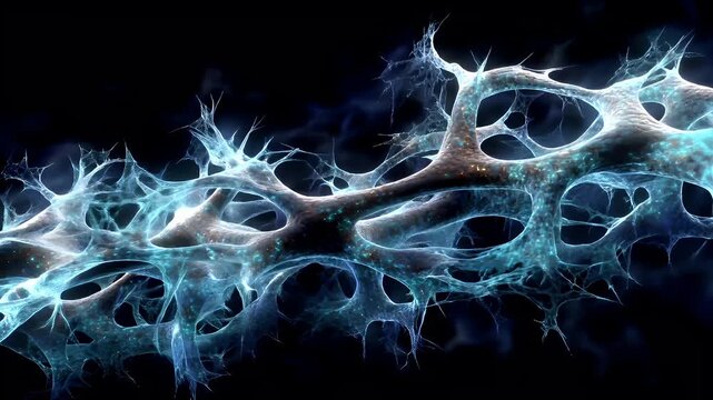 Artificial intelligence. Neuron network. A detailed digital artwork depicts a complex network of interconnected neurons. The neurons are intricately detailed.