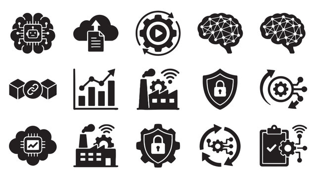 AI and Industry 4.0 technology icon set with machine learning smart factory cybersecurity automation and data analytics symbols