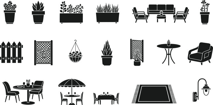 Outdoor furniture and garden decor silhouette icon set for patio landscaping and backyard design planning vector illustration
