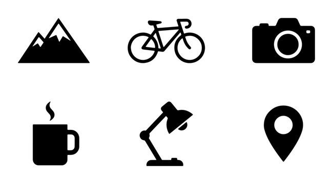 Outdoor Adventure, Cycling, Photography, Hot Drink, Study Lamp, Location Pin Icons. Black Silhouette Vector Set.