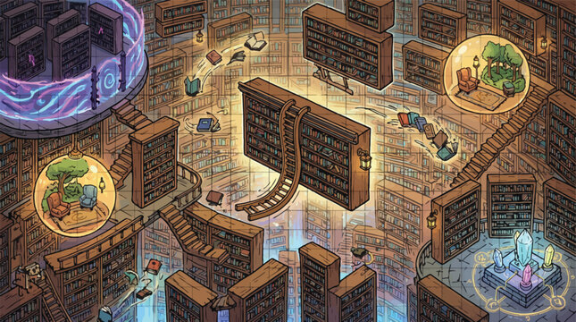 Fantasy magical library illustration, infinite mystical archive with floating books and glowing portals, whimsical literary dreamscape vector art