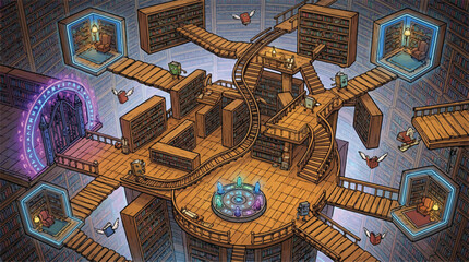 Fantasy magical library vector illustration, mystical floating bookshelves and flying books, isometric enchanted archive with glowing portals © xantii