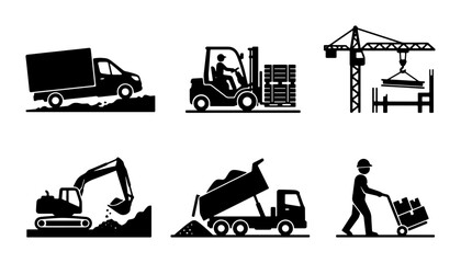 Industrial Logistics Icons: Truck, Forklift, Crane, Excavator, Dump Truck, Worker with Cart, Vector Set © Nehar
