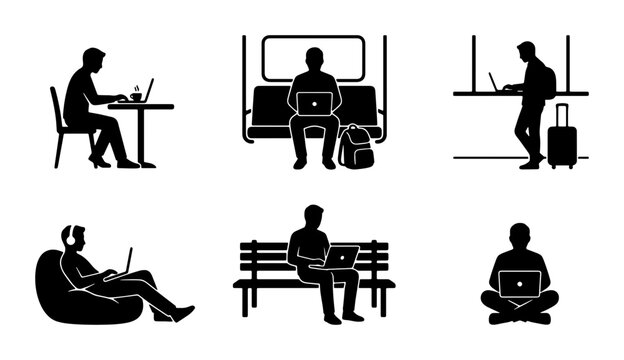 Diverse Silhouettes of People Working Remotely with Laptops in Various Locations, Vector Icons Set