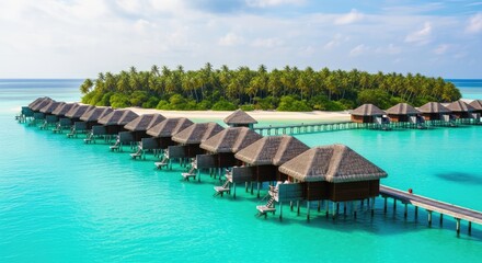 Obraz premium Luxury overwater bungalows in Maldives resort with turquoise ocean water