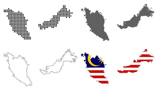 Malaysia country map vector set with dotted pattern solid silhouette outline and national flag illustration