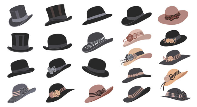 Extensive collection of different hat styles for men and women including top hats, bowlers, fedoras, and decorated sun hats.
