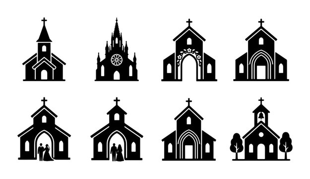 Set of 8 Black Church Icons, Religious Building Silhouettes, Christian Worship Architecture Vector Collection