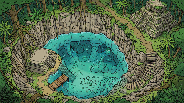Ancient Mayan cenote in tropical jungle, mysterious stone pyramid ruins by turquoise water sinkhole, hand drawn adventure vector illustration