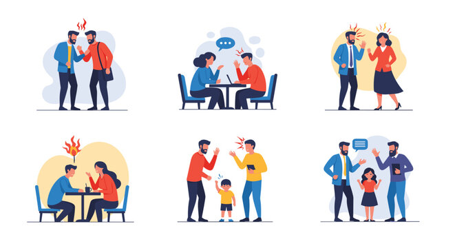 Various scenes illustrating interpersonal conflicts, arguments, and disagreements between people in different daily life settings.