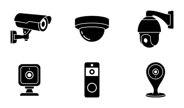 Security Camera Icons: Surveillance, Monitoring, and CCTV Vector Set for Safety and Protection