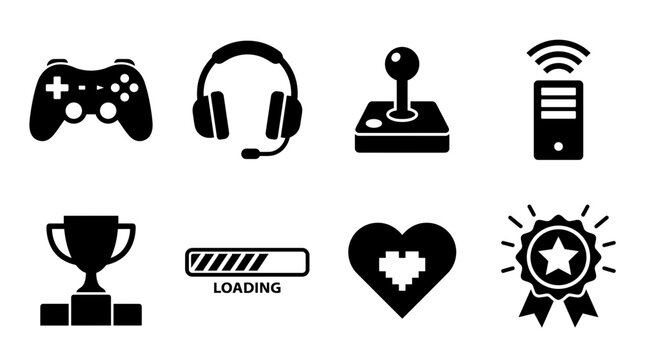 Video Gaming Interface and Equipment Black Glyph Icons Set, Gamer Controller, Headset, Joystick, Server, Trophy, Loading Bar, Heart Life, Medal