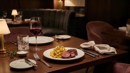 Fototapeta premium Gourmet Dinner of Filet Mignon Steak and Tagliatelle Pasta with Red Wine in an Elegant, Dimly Lit Upscale Restaurant Setting