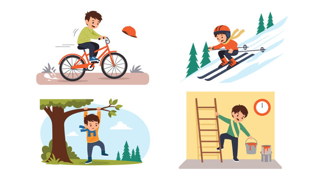 Set of illustrations depicting a young boy experiencing various accidents while cycling skiing climbing a tree and using a ladder.