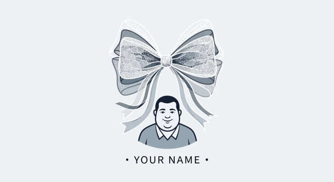Smiling man with large grey bow and customizable text