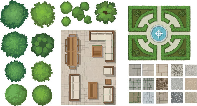 Top view landscape design elements kit with trees shrubs patio furniture fountain and paving textures for architectural site planning vector
