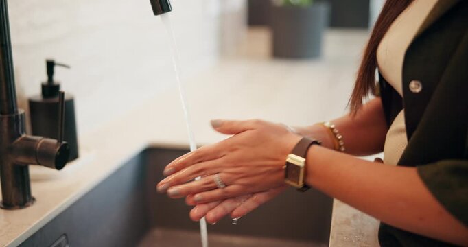 Health, hand washing and woman in house with water, bacteria prevention or sanitization in wellness habit. Clean, routine and person with faucet, germ protection or safe practice in hygiene process.