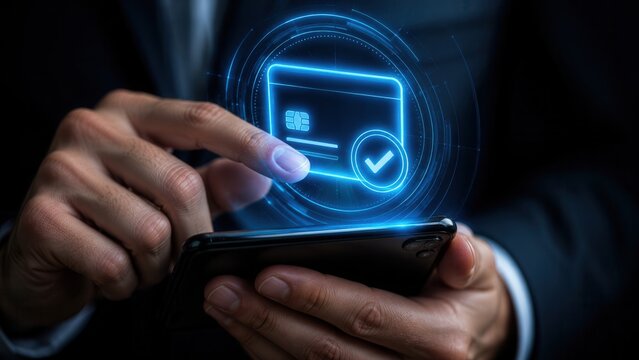 Businessman's Hand Holds Modern Smartphone Interacting With Glowing Digital Credit Card For Secure Online Payment