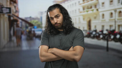 Obraz premium Man with arms crossed, forearms exposed and chain necklace, standing on a city street with scooters and pedestrians blurred behind; serious defiance.