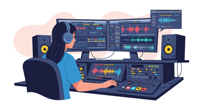 Professional female sound engineer working in a modern studio with dual monitors mixing console and high quality speakers.