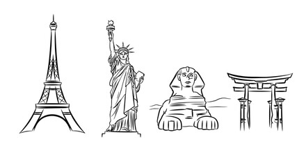 Fototapeta premium World Landmarks Sketch Set: Eiffel Tower, Statue of Liberty, Sphinx, and Torii Gate