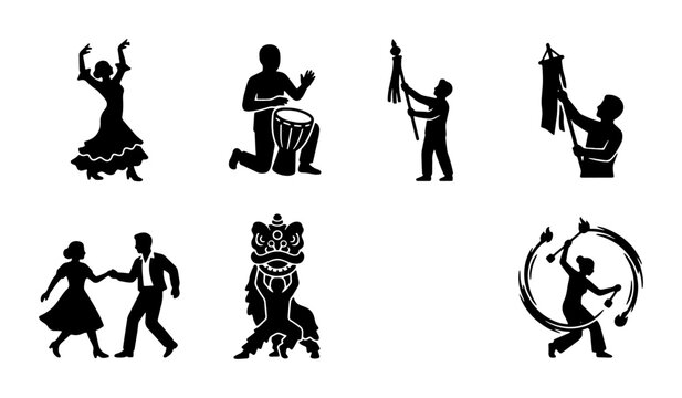 Cultural Celebration Icons: Diverse People Dancing, Drumming, Lion Dance, Celebration Symbols, Festive Activities