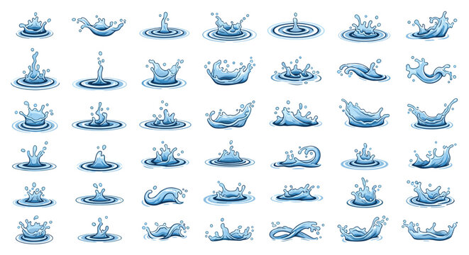 Collection of blue water splash and ripple effects in a pixel art style, isolated on a white background for game design and visual animation.