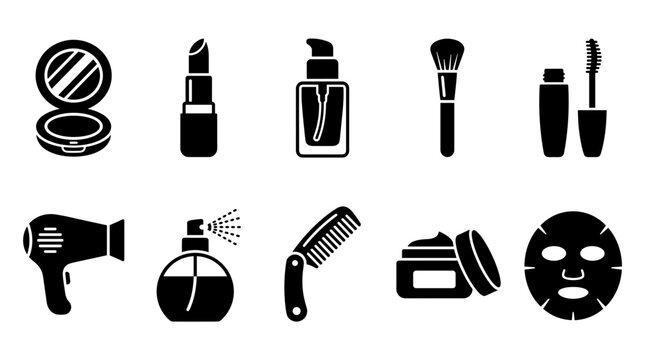 Beauty makeup cosmetics silhouette icons set with lipstick, foundation, brush, mascara, hair dryer, perfume, comb, cream and face mask symbols.
