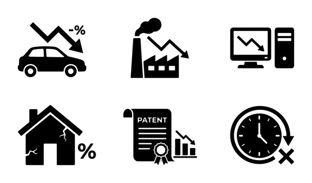 Business Icons: Decline, Patent, Property, Technology, Time, Industry, Car Icons for Economic Downturn and Financial Analysis
