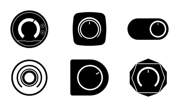 Set of 6 Circular and Square Control Knobs, Dials, and Switches, Vector Icons for UI Design and Technology